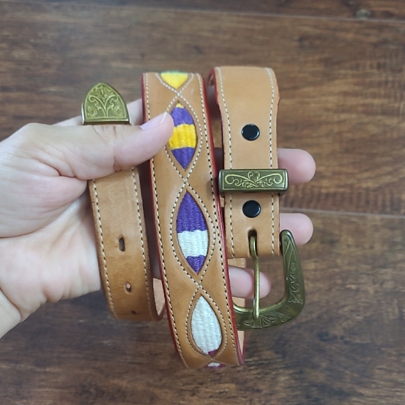 unknown Accessories - Western Leather Embroidered Belt with Brass Accents Tan, Purple, Yellow, White